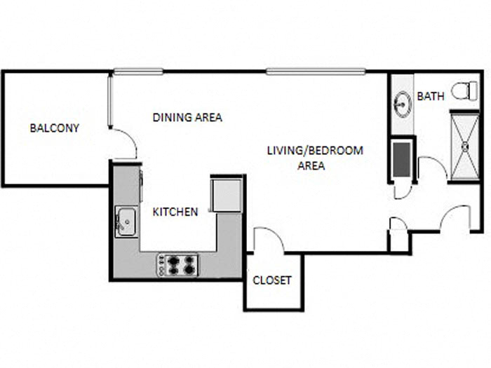 Floor plan for studio, 1 bath, 425 sqft